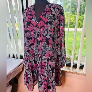 LOFT Black and Pink Floral Sheer Long Sleeve Low Waist Dress Size Medium